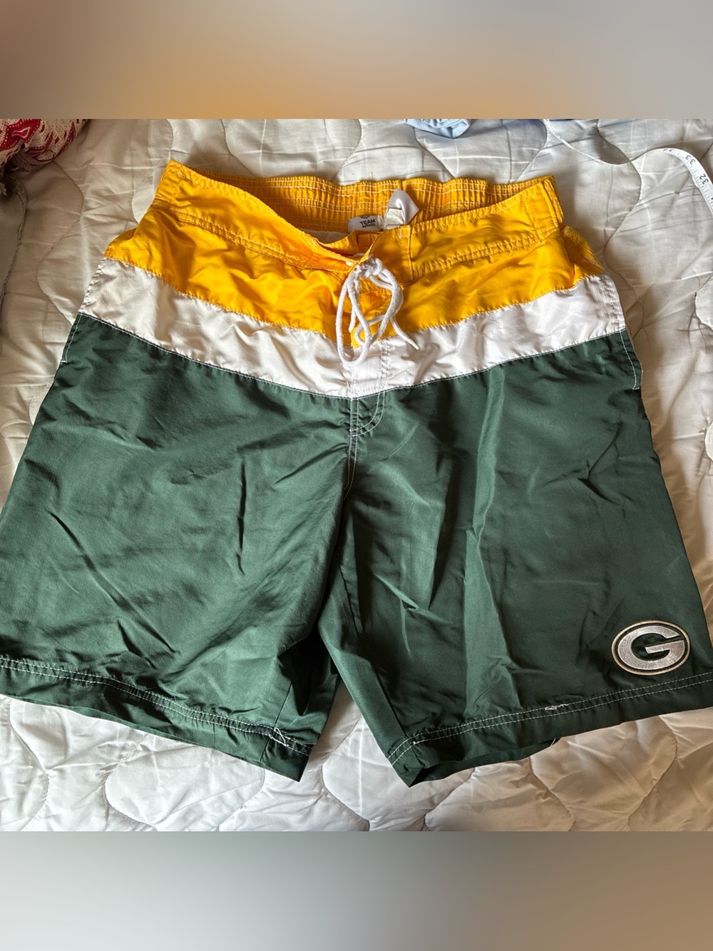 Green Bay Packers NFL Apprl Tie Waist Lined Sz L/XL Men’s Swim Trunks Pool Beach